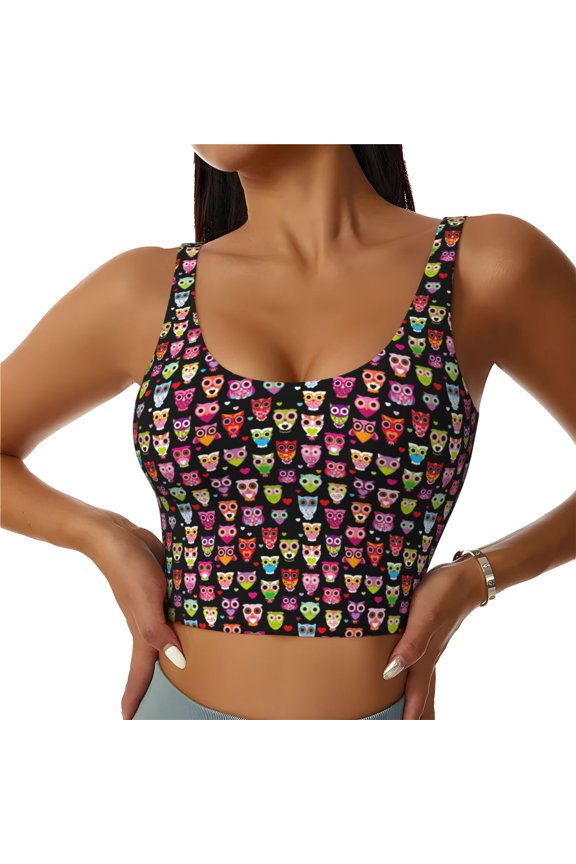 Colourfull Owl Print Women's Sports Vest, Low-neck U-shaped Removable Pad Sports Bra for Yoga, Exercise, Dance-XX-Large