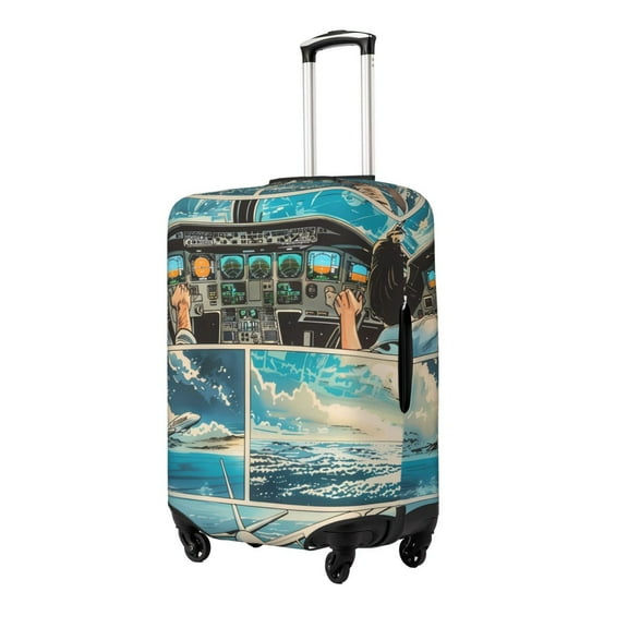 Gukieu Comic Airplane Cockpit Illustration Print Suitcase Protective Cover, Elastic Zipper Buckle Suitcase Protective Cover, Suitable for Travel, Business Trip-X-Large
