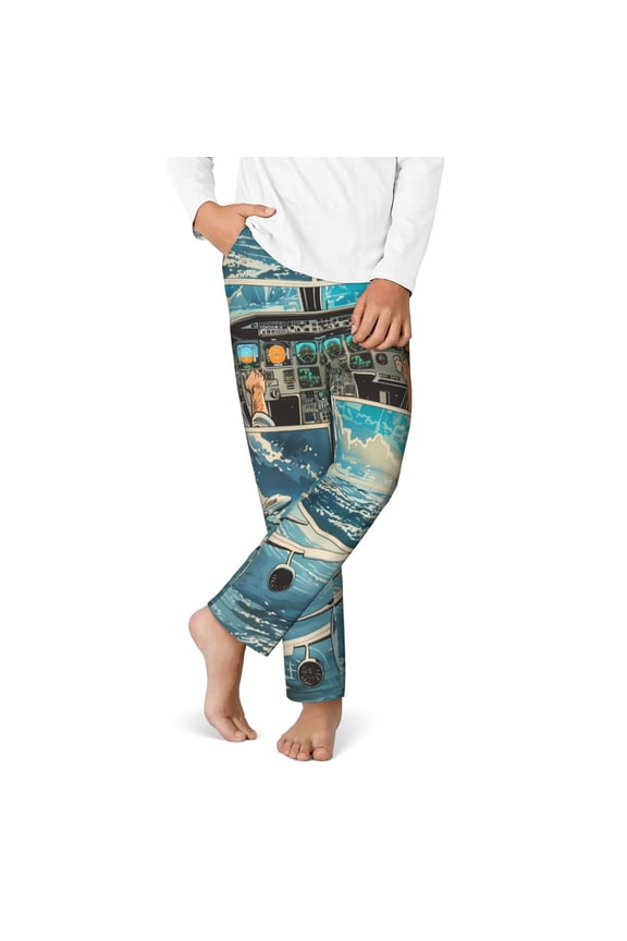 Comic Airplane Cockpit Illustration Print Youth Home Trousers, Elastic Waistband with Pockets for Home and Outing, Suitable for Children Aged 5-16-Medium