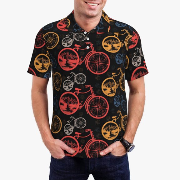 Gukieu Compass And Mountains In Bicycle Wheels1 Print Men's Quick-drying POLO Shirt, Button-down Summer T-shirt, Suitable for Work and Outdoor Activities-Large