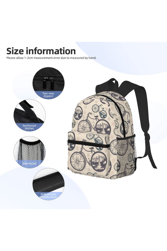 Compass And Mountains In Bicycle Wheels Print Backpack, Waterproof Backpack with Adjustable Shoulder Straps, Suitable for Campus, Business, Travel, Unisex