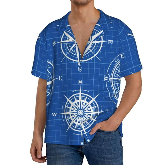 Gukieu Compass Print Men's Short-sleeved Shirts, Button-down Pocket Shirts, T-shirts, Beach Vacation Travel Summer Clothing-Small