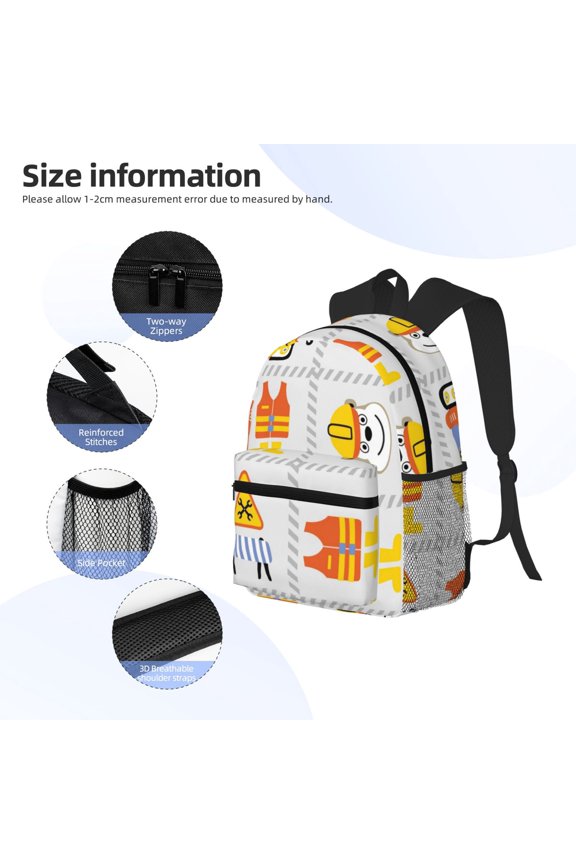 Construction Equipments Worker Print Backpack, Waterproof Backpack with Adjustable Shoulder Straps, Suitable for Campus, Business, Travel, Unisex