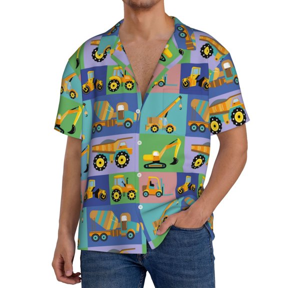 Gukieu Construction Machinery Print Men's Short-sleeved Shirts, Button-down Pocket Shirts, T-shirts, Beach Vacation Travel Summer Clothing-XX-Large