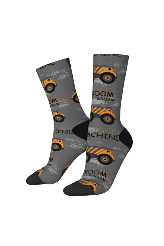 Construction Machines Print Contrast Color Mid-calf Socks, Sweat-wicking Athletic Socks, Unisex Clothing Accessories