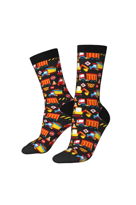 Construction Truck Print Contrast Color Mid-calf Socks, Sweat-wicking Athletic Socks, Unisex Clothing Accessories