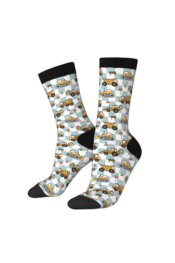 Construction Vehicle Print Contrast Color Mid-calf Socks, Sweat-wicking Athletic Socks, Unisex Clothing Accessories