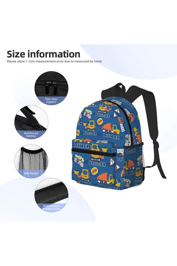 Construction Vehicles Print Backpack, Waterproof Backpack with Adjustable Shoulder Straps, Suitable for Campus, Business, Travel, Unisex