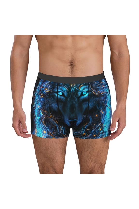Cool Blue Light Wolf Print Men's Boxer Briefs, High Elastic Moisture Wicking Boxer Briefs Underwear-Medium