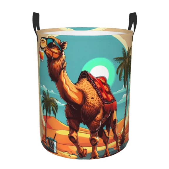 Gukieu Cool Camel Oasis Vibes Print Round Dirty Clothes Bag, Waterproof Standing Home Bathroom Storage Basket Car Trunk Storage Bag-Medium