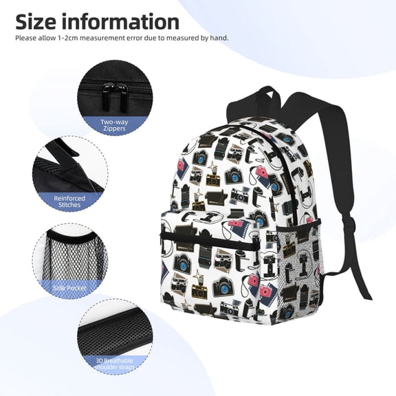 Gukieu Cool Camera Print Backpack, Waterproof Backpack with Adjustable Shoulder Straps, Suitable for Campus, Business, Travel, Unisex