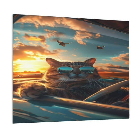 Gukieu Cool Cat Driving Sunset Print Canvas Decorative Hanging Painting, Waterproof Art Wall Decoration with Frame, Suitable for Living Room, Bedroom