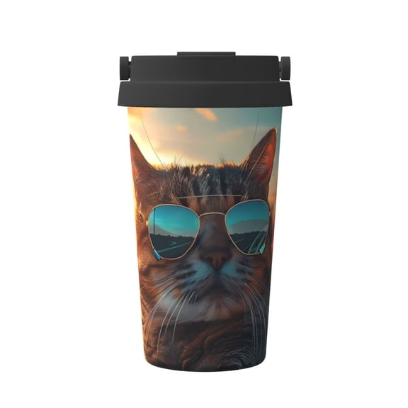 Gukieu Cool Cat Driving Sunset Print Insulated Coffee Cup, Portable Stainless Steel Vacuum Cup with Lid, Unisex, Suitable for Office, Cafe, Car