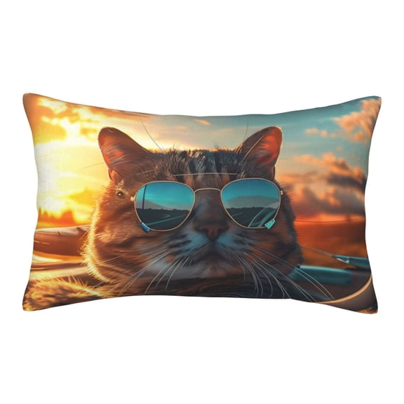 Gukieu Cool Cat Driving Sunset Print Plush Pillow Cover, Hidden Zipper Pillow Protector without Pillow Core, Suitable for Bedroom, Office, Car Decoration-16"x24"