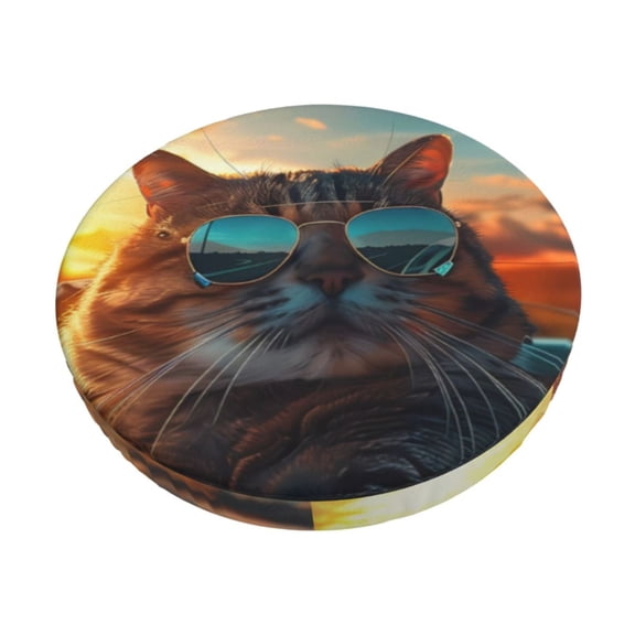 Gukieu Cool Cat Driving Sunset Print Round Chair Cover, Dust-proof and Non-slip Bar Chair Protective Cover, Suitable for Bars, Restaurants, Offices-12 inch