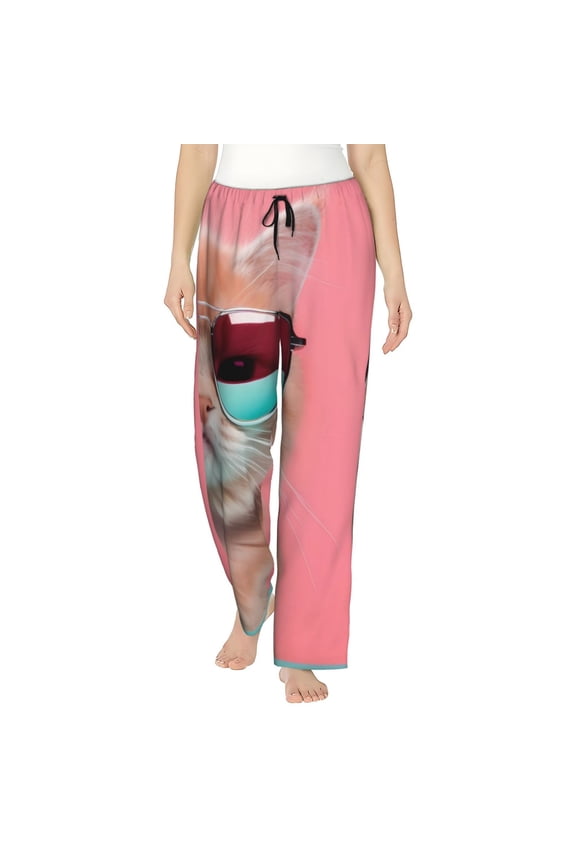 Cool Cat Pink Sunglasses Print Women's Home Trousers, with Pockets and Drawstring Pajamas, Home Pajamas, Sleepwear-Medium