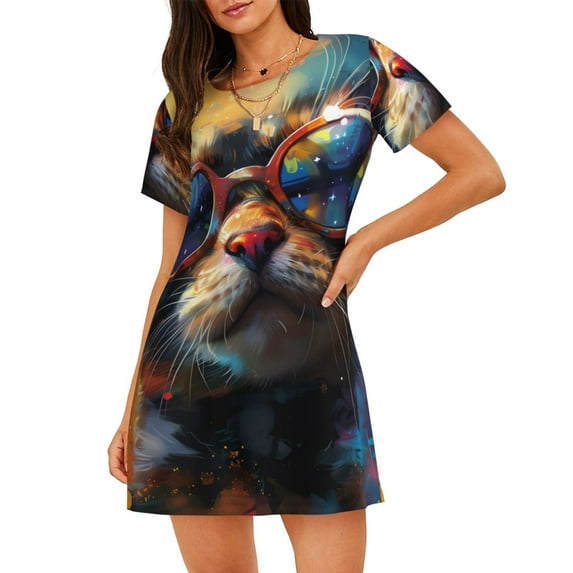 Gukieu Cool Cat With Sunglasses Print Women's Nightgown, A-line Round Neck Short-sleeved Nightgown Pajamas Home Wear Suitable for Home and Outing