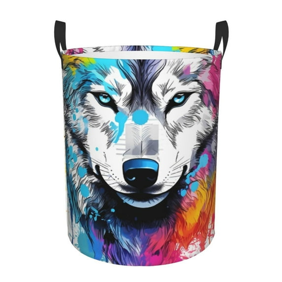 Gukieu Cool Colorful Wolf Print Round Dirty Clothes Bag, Waterproof Standing Home Bathroom Storage Basket Car Trunk Storage Bag-Medium