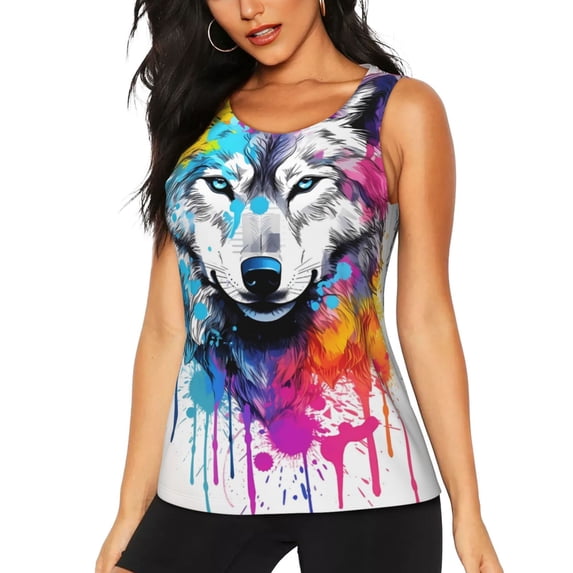 Gukieu Cool Colorful Wolf Print Women's Quick-drying Fitness Vest, Round Neck Sleeveless Fitness T-shirt, Suitable for Yoga, Sports-XX-Large