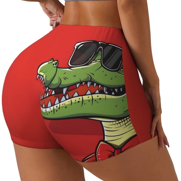 Gukieu Cool Crocodile With Sunglasses Print Women's Sports Shorts, Elastic Waist High Stretch Running Yoga Gym Sweatpants-Small
