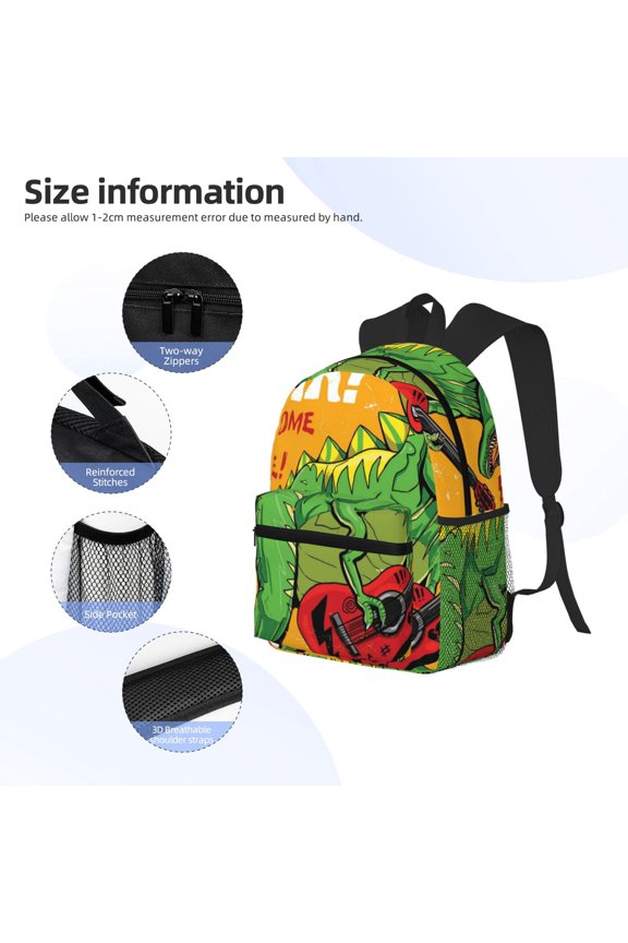 Cool Dinosaur Playing Guitar Print Backpack, Waterproof Backpack with Adjustable Shoulder Straps, Suitable for Campus, Business, Travel, Unisex