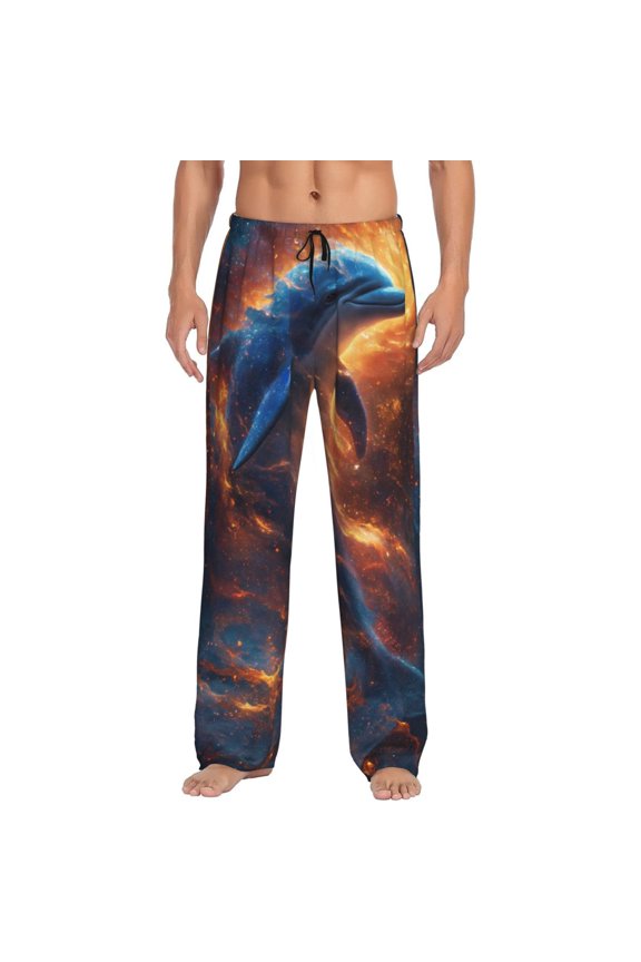 Cool Dolphin Print Men's Home Trousers, Elastic Drawstring Home Pajamas Clothing Suitable for Adult Men-Medium