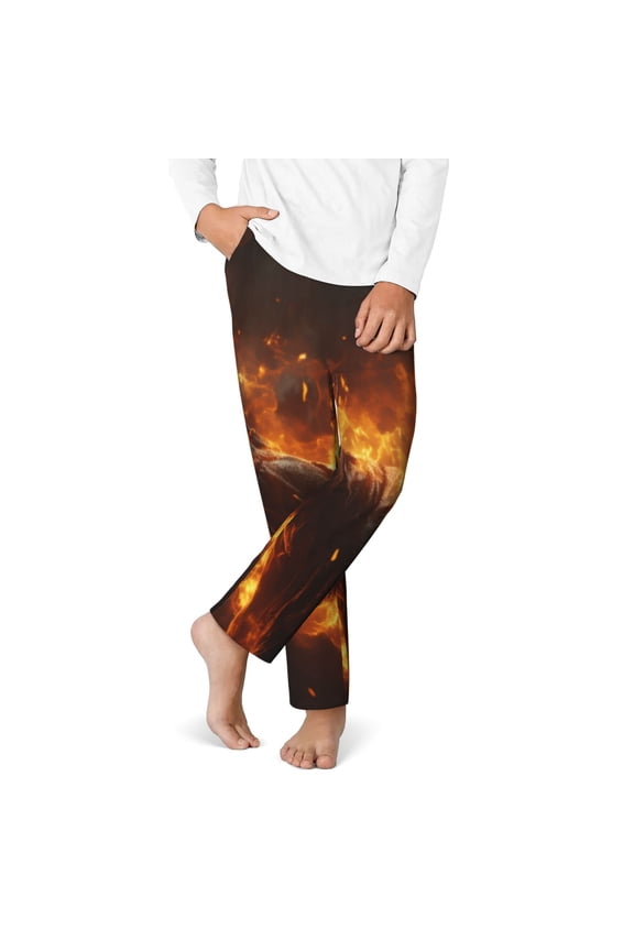 Cool Fire Man Print Youth Home Trousers, Elastic Waistband with Pockets for Home and Outing, Suitable for Children Aged 5-16-Small