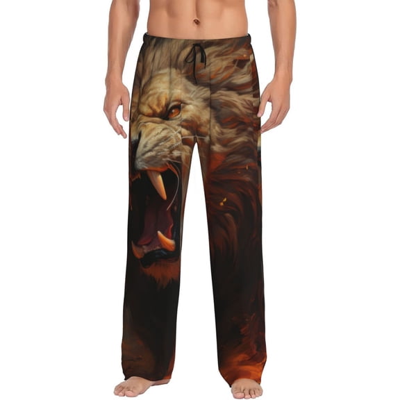 Gukieu Cool Flame Lion A Print Men's Home Trousers, Elastic Drawstring Home Pajamas Clothing Suitable for Adult Men-3X-Large