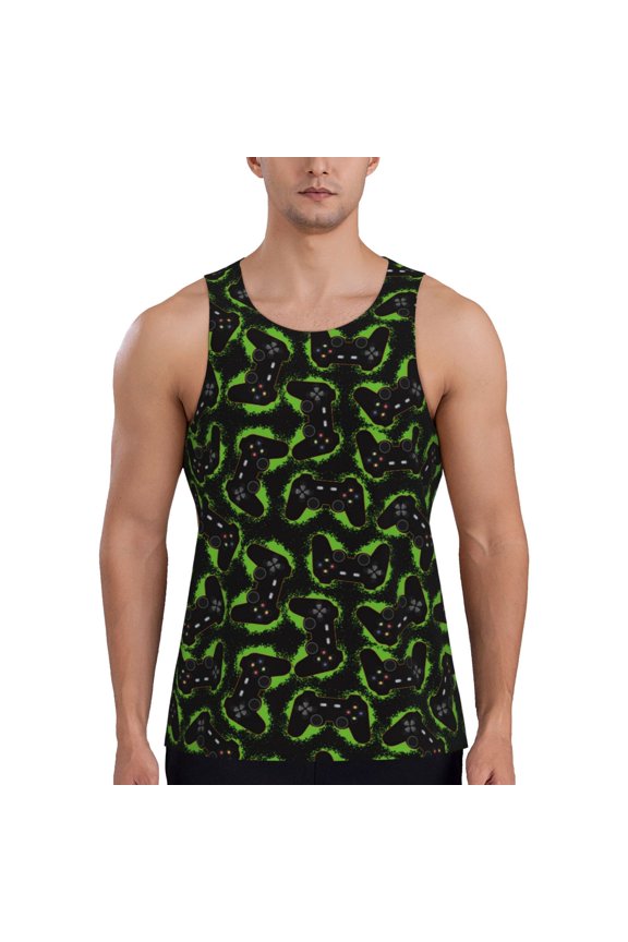 Cool Gamepad Print Men's Quick Dry Fitness Vest, Round Neck Sleeveless Fitness Bodybuilding Top-Medium