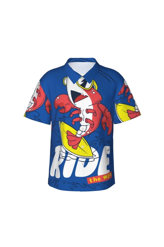Cool Lobster Surfing Print Men's Short-sleeved Shirts, Button-down Lapel Hawaiian Shirts, T-shirts, Beach Vacation Summer Casual Wear,Medium