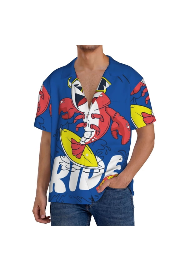 Cool Lobster Surfing Print Men's Short-sleeved Shirts, Button-down Pocket Shirts, T-shirts, Beach Vacation Travel Summer Clothing-4X-Large