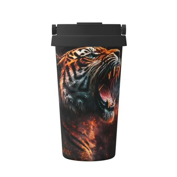 Gukieu Cool Tiger Print Insulated Coffee Cup, Portable Stainless Steel Vacuum Cup with Lid, Unisex, Suitable for Office, Cafe, Car