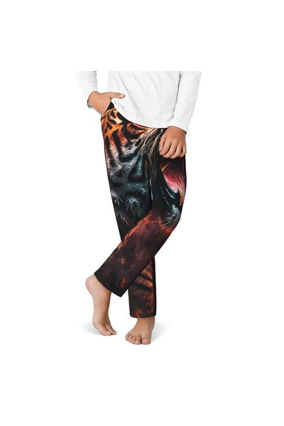 Cool Tiger Print Youth Home Trousers, Elastic Waistband with Pockets for Home and Outing, Suitable for Children Aged 5-16-Large