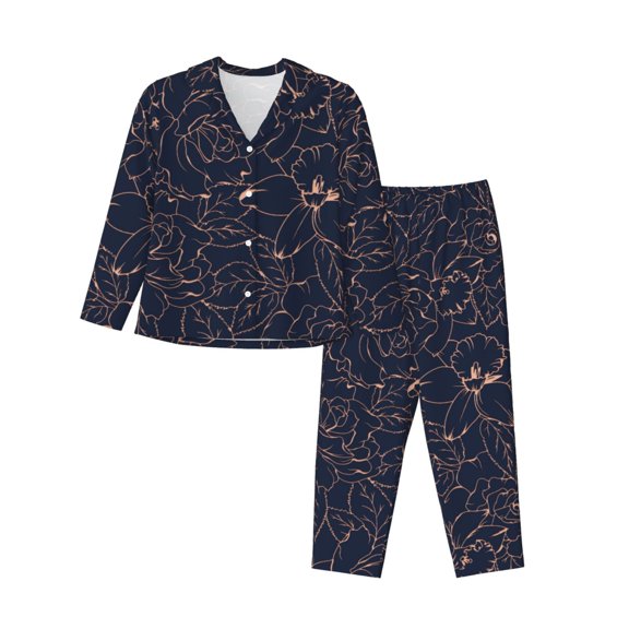 Gukieu Copper-Gold Gloss Outline Flower Print Women's Long Sleeve Pajama Set, Button Top Elastic Pocket Pajama Pants Two Piece Set Home Wear-XX-Large