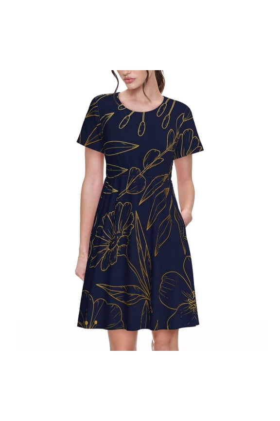 Copper-Gold Gloss Outline Flower Print Women's Short Sleeve Dress, Elastic Waistband A-line with Pockets Summer Dress, Suitable for Daily Leisure, Work, Vacation