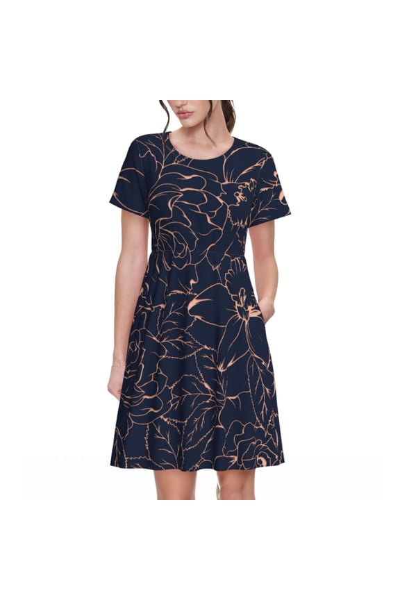 Copper-Gold Gloss Outline Flower Print Women's Short Sleeve Dress, Elastic Waistband A-line with Pockets Summer Dress, Suitable for Daily Leisure, Work, Vacation