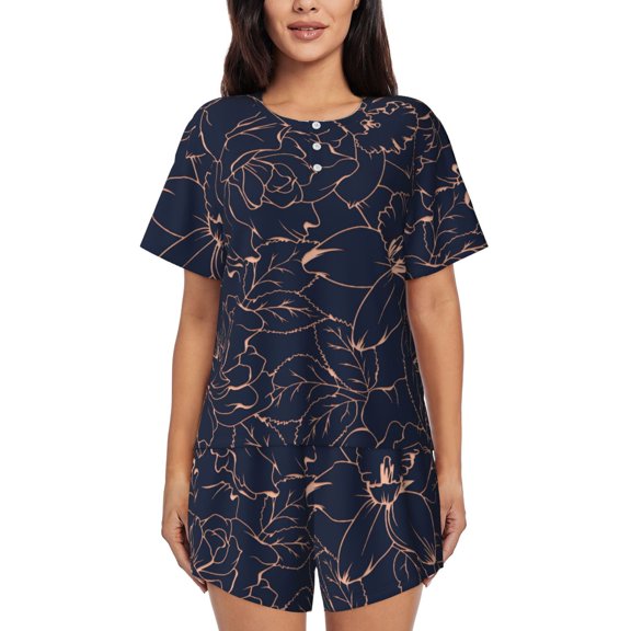 Gukieu Copper-Gold Gloss Outline Flower Print Women's Short-sleeved Pajama Set, Round Neck Button Top Elastic Shorts 2-piece Set, Summer Home Leisure Clothing-Small
