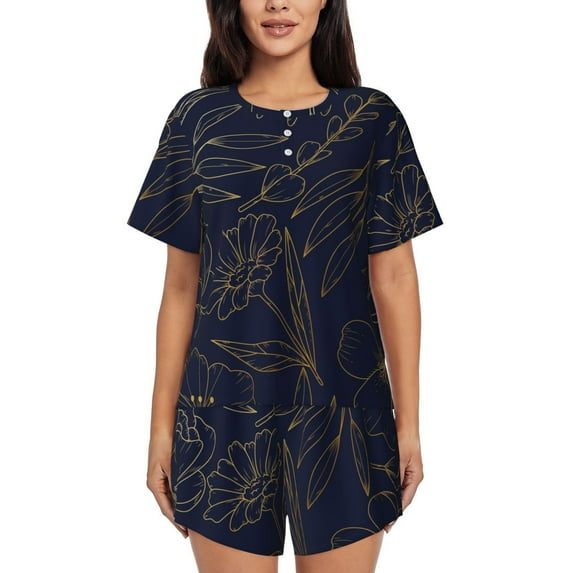 Gukieu Copper-Gold Gloss Outline Flower Print Women's Short-sleeved Pajama Set, Round Neck Button Top Elastic Shorts 2-piece Set, Summer Home Leisure Clothing-Medium