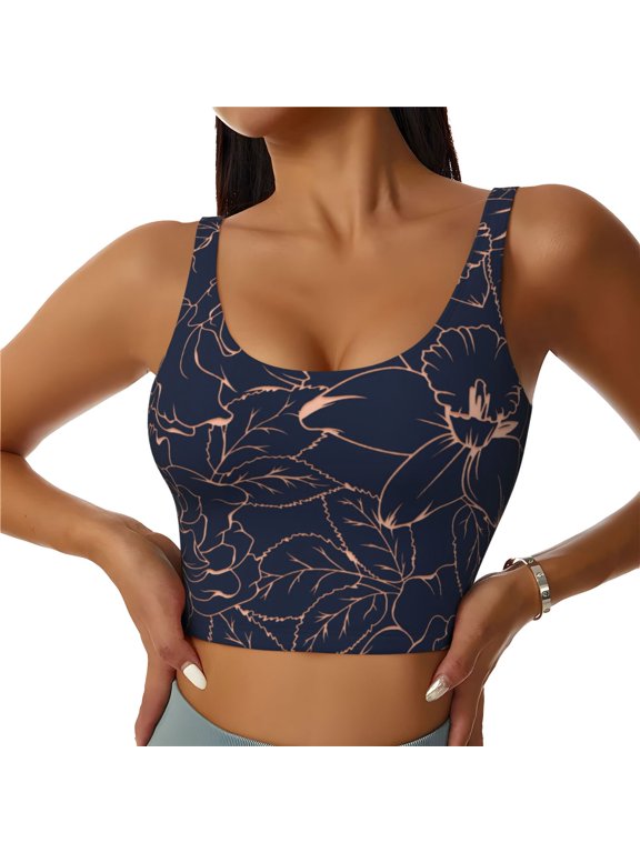 Copper-Gold Gloss Outline Flower Print Women's Sports Vest, Low-neck U-shaped Removable Pad Sports Bra for Yoga, Exercise, Dance-Medium