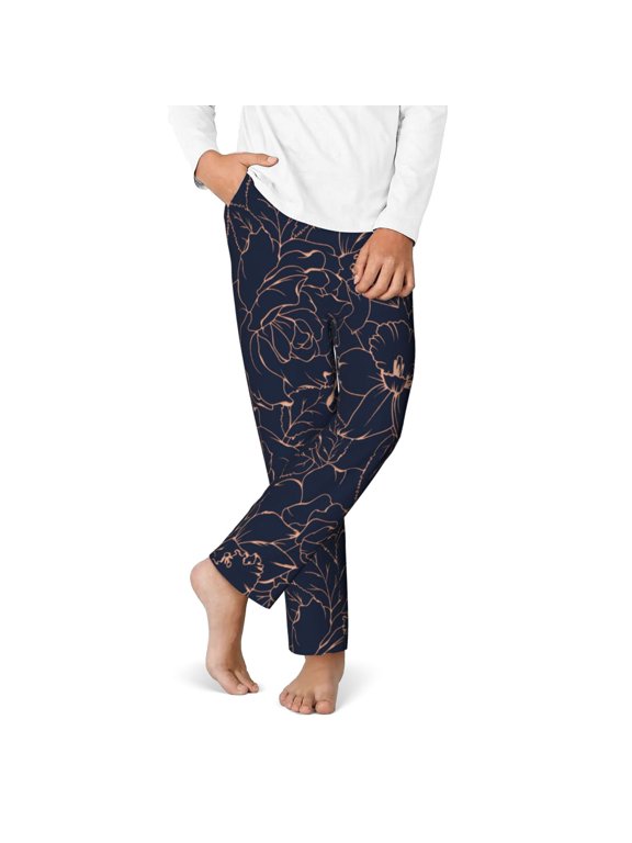 Copper-Gold Gloss Outline Flower Print Youth Home Trousers, Elastic Waistband with Pockets for Home and Outing, Suitable for Children Aged 5-16-Large