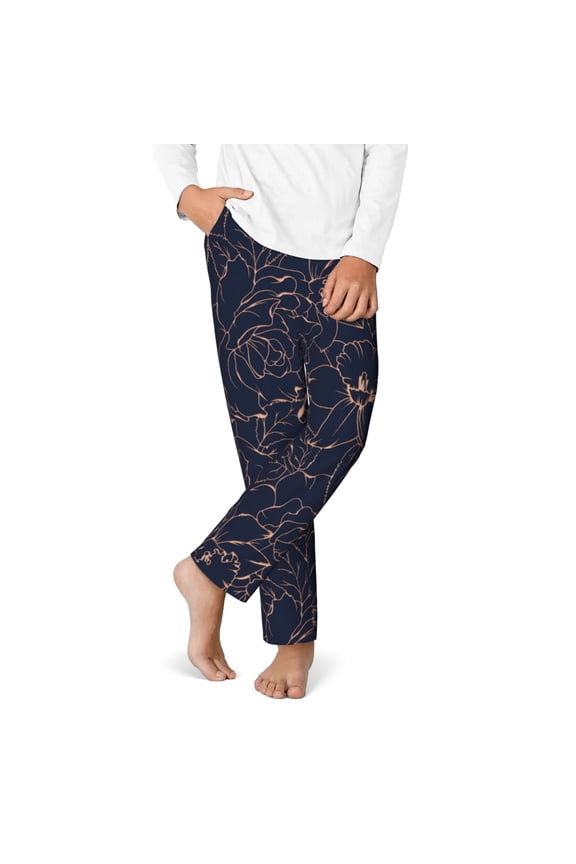 Copper-Gold Gloss Outline Flower Print Youth Home Trousers, Elastic Waistband with Pockets for Home and Outing, Suitable for Children Aged 5-16-Medium