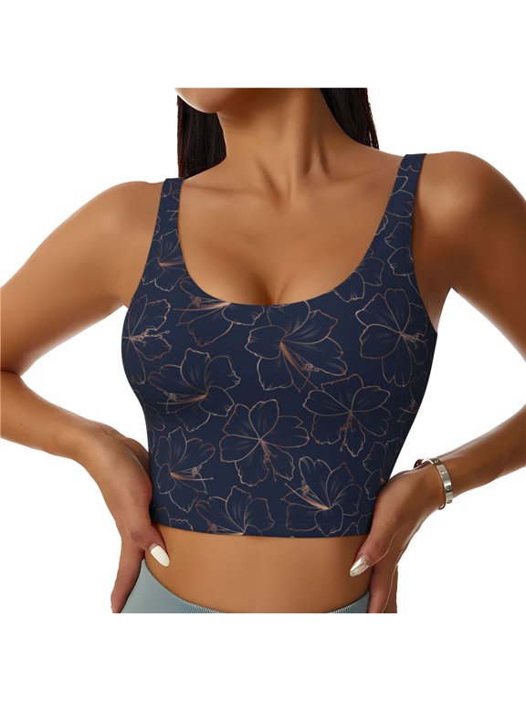 Copper-Gold Gloss Outline Lily Flower Print Women's Sports Vest, Low-neck U-shaped Removable Pad Sports Bra for Yoga, Exercise, Dance-Large