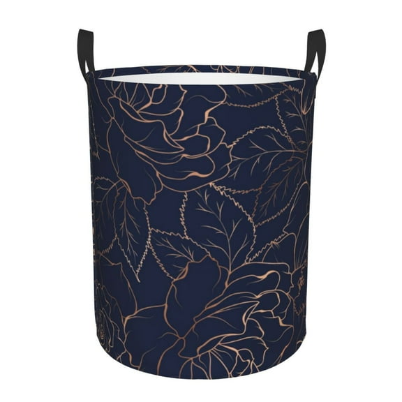 Gukieu Copper-Gold Gloss Outline Navy Dark Blue Print Round Dirty Clothes Bag, Waterproof Standing Home Bathroom Storage Basket Car Trunk Storage Bag-