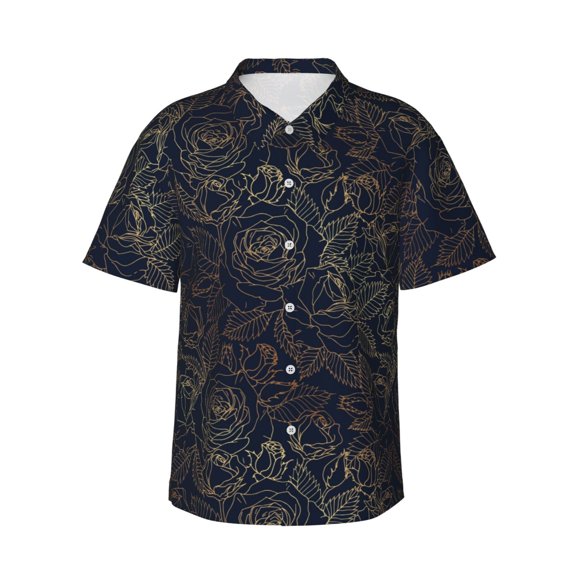 Gukieu Copper-Gold Gloss Outline Rose Print Men's Short-sleeved Shirts, Button-down Lapel Hawaiian Shirts, T-shirts, Beach Vacation Summer Casual Wear,Medium