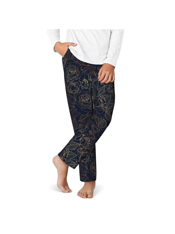 Copper-Gold Gloss Outline Rose Print Youth Home Trousers, Elastic Waistband with Pockets for Home and Outing, Suitable for Children Aged 5-16-Small