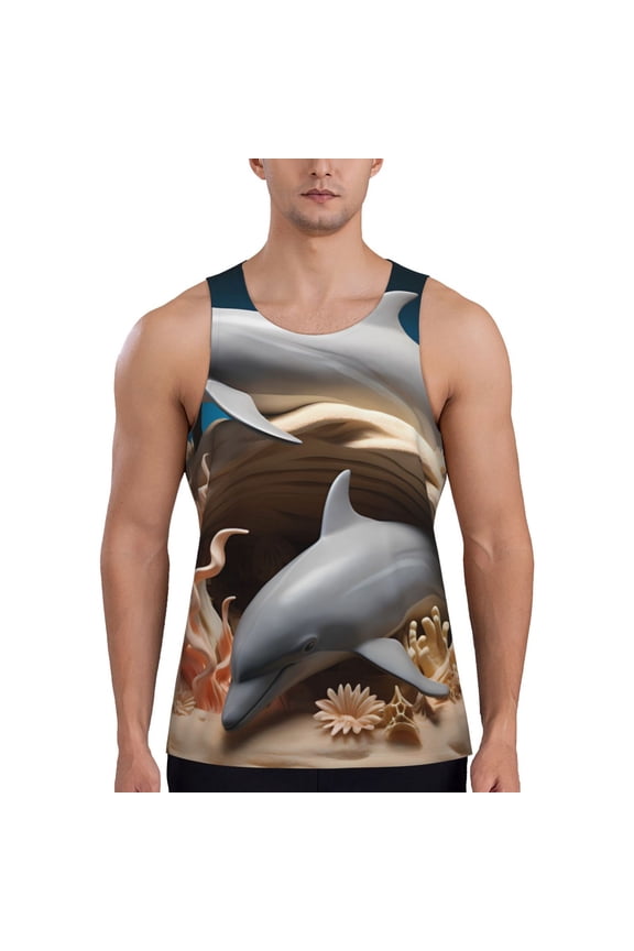 Coral Fish Dolphin Print Men's Quick Dry Fitness Vest, Round Neck Sleeveless Fitness Bodybuilding Top-3X-Large