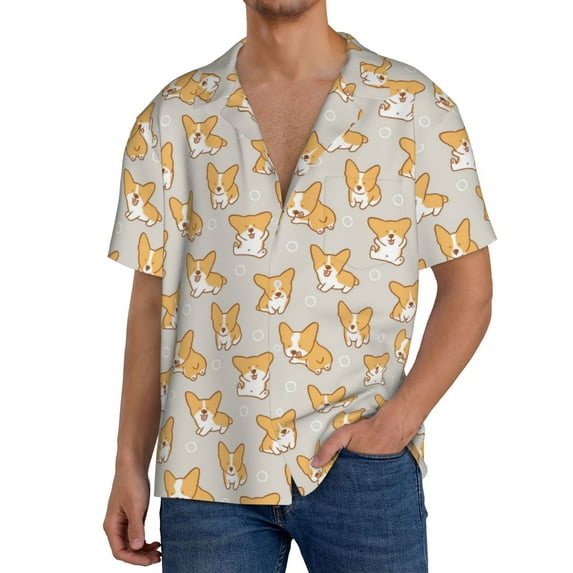 Gukieu Corgi Dog Print Men's Short-sleeved Shirts, Button-down Pocket Shirts, T-shirts, Beach Vacation Travel Summer Clothing-Large