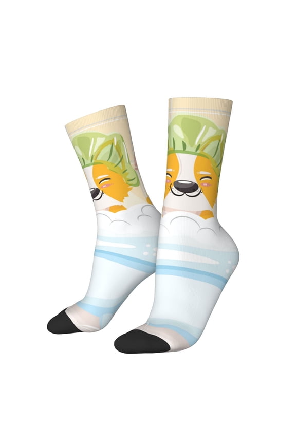 Corgi In The Shower Cap Bathing Print Contrast Color Mid-calf Socks, Sweat-wicking Athletic Socks, Unisex Clothing Accessories