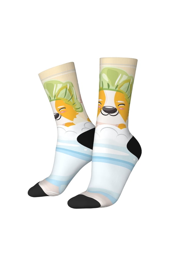 Corgi In The Shower Cap Bathing Print Contrast Color Mid-calf Socks, Sweat-wicking Athletic Socks, Unisex Clothing Accessories