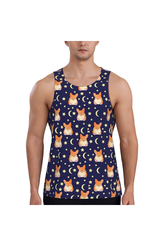 Corgi Lying With Moons And Stars Print Men's Quick Dry Fitness Vest, Round Neck Sleeveless Fitness Bodybuilding Top-XX-Large